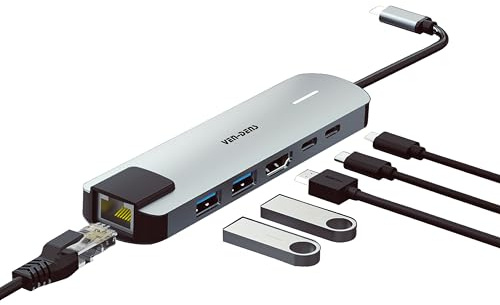 VEN-DENS USB Hub, 6 in 1 Multiport Adapter with 4K HDMI, Dual USB-A, Dual USB-C (100W PD & Fast Data Transfer), RJ45 Ethernet, USB-C Docking Station for MacBook, Surface, Dell, HP, and More