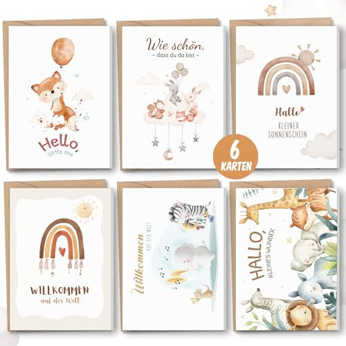 Karte zur Geburt für Mädchen und Jungen Karte Geburt 6er-Set - A6 Klappkarten Premium Geburtskarte mit Kraftpapier Umschlage - Glückwunschkarte zur Geburt Babyparty Karte Baby Geschenk zur Geburt