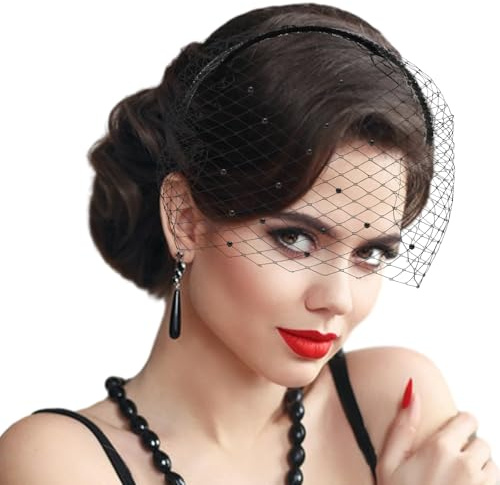 GEEHUA Bandeau de voile d'Halloween pour femme en maille noire - Style années 1920 - Accessoire d'Halloween