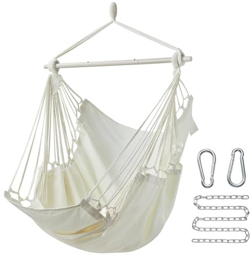 CHULIM Hängesessel Schaukel MAX 227 kg Outdoor Hängesessel mit Fußstütze Indoor Swing Chair mit tragbarer Stahlspreizstange und Hardware-Kit für Schlafzimmer, Wohnzimmer, Terrasse, Veranda – Weiß