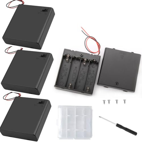 VISSQH 4 pcs AA battery holder with Wire Leads,4 x 1.5V AA Plastic battery holder with ON/Off Switch & Cover + 1 pcs Plastic Battery Storage Box and screws(6V)