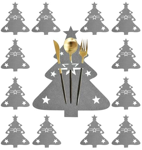 Weihnachtsgeschirr Besteckhalter Filz, 12 Stück Bestecktasche Weihnachten Filz Bestecktasche Weihnachtsbaum Weihnachts Messer Gabeln Löffel Geschirr Besteckbeutel Tischdeko Küche Bestecktasche (Grau)