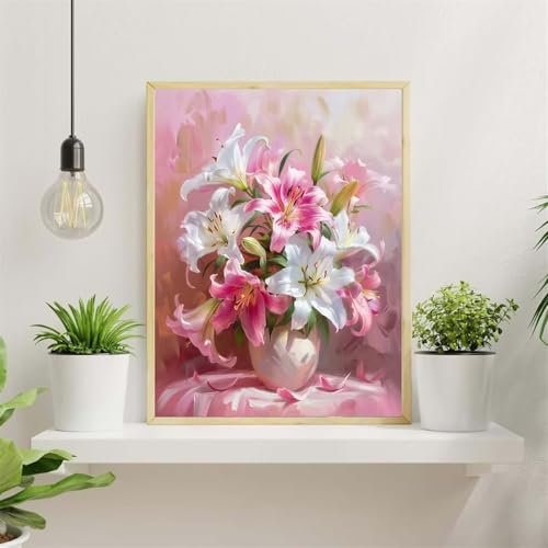 DIY Schöne Lilie Rahmenlos Malen Nach Zahlen Erwachsene set,Blume Leinwand malen nach zahlen für kinder,Acrylfarbe Ölgemälde Paint by Numbers Art Bastelset für Wanddeko Geschenk 16x20inch