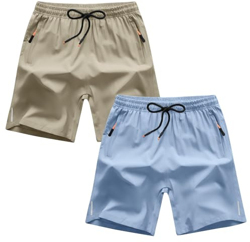 ANHDM Boys Athletic Shorts Quick Dry Sport Shorts Lightweight Running Shorts with Zipper Pockets (Pack of 2), B/Khaki&Grey Blue, 9-10T