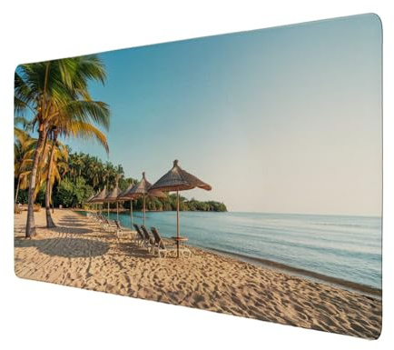 Sandstrand mit Palmen Schreibtischunterlage 69x31cm XXL Mauspad - Tropisches Urlaub Design Meer Liegestühle Sonnenschirme Entspannung für Ihre Arbeitsatmosphäre Foto-Design
