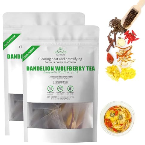 Dandelion Wolfberry Tea, Kidneys & Liver Health Tea with Seven Herbal Ingredients, Chinese Wolfberry Tea Bags 120g/12pcs (2Bags(24pcs))
