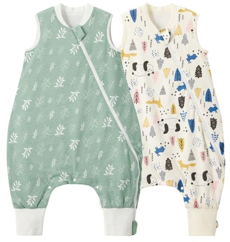 Duomiaomiao Baby sovsäck med fötter, 2-pack 1,0 tog barn året runt vår sovsäck, 100 % bomull sovsäck baby, pojkar sovfilt med ben (75 cm/blad + panda)