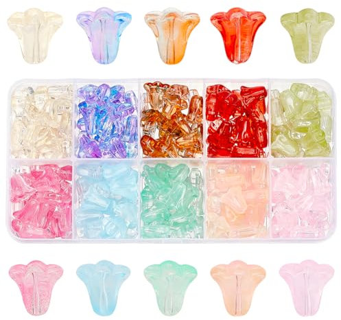 200 perline in vetro trasparente dipinte a spruzzo, 10 colori, perline distanziatrici a forma di tulipano, perline a campana, con foro, per collane, orecchini, gioielli fai da te