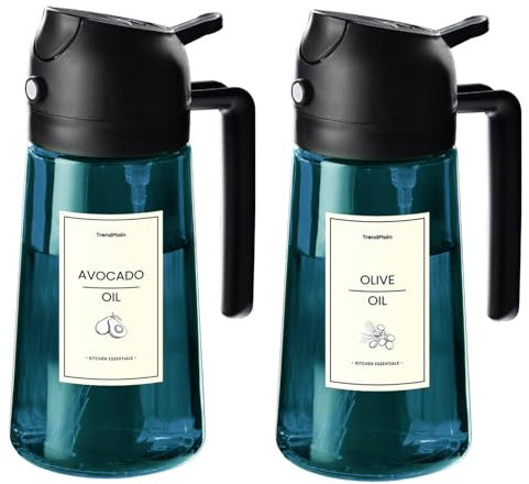 TrendPlain - 470ml Öl Sprühflasche - 2 in 1 Ölspender und Ölsprüher - Ölspray mit Etiketten - Küchen Gadgets für Kochen, Salat und Grill - mit lichtschützendem Design - Schwarz & Himmelblau