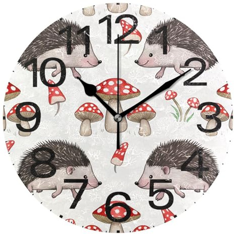 Kutsu Scale Hedgehogs Mushrooms Wall Clock Silent Non Ticking, Battery Operated Round Clock 10 Inch for Home Bedroom Living Room Kitchen Office School Classroom, Black