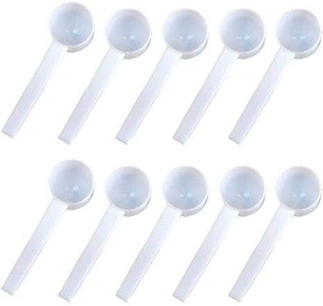 10 cucharas medidoras de plástico blanco de 5 gramos/10 ml con mango largo, mini cucharas pequeñas para medir granos de café, proteínas y especias (parte inferior redonda)