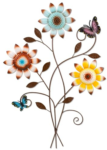 DETENE Metal Sunflower Wall Decor with Butterfly 3D Colorful Outdoor Wall Art Fence Decorations for Patio Metal Flowers Wall Hanging Ornament for Garden Porch Living Room Balcony Farmhouse (Blue)