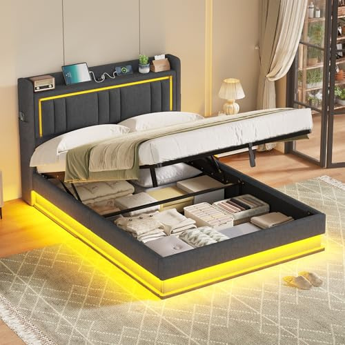 Bett mit LED Beleuchtung, Hydraulisches Bett 140x200 cm, Polsterbett, Kopfteil mit Stauraum, Ladestation, Bettgestell mit Lattenrost, Schwebender visueller Effekt, Schlafzimmer, Leinenstoff grau