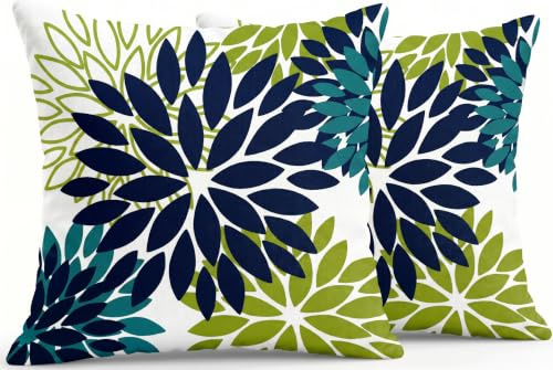 JANGYUHH Juego de 2 Fundas de Cojín de 50x50 cm Diseño Floral Moderno de Doble Cara Azul Verde para Sofá Dalias para Exterior de Lino Decorativas para Sofá Jardín Sala De Estar Cama