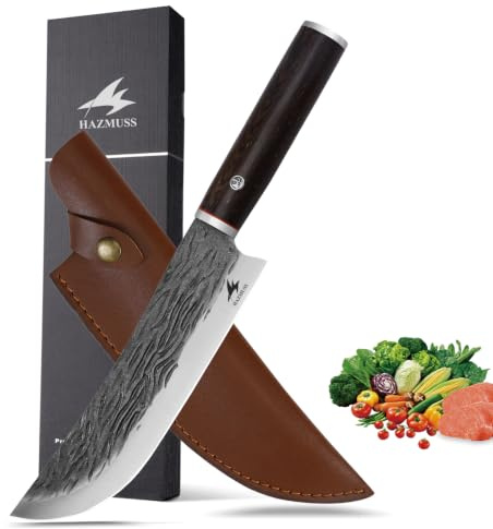 HAZMUSS Couteau de Chef de 20 cm, En Acier Inoxydable à Haute Teneur en Carbone, Avec Etui en Cuir et Manche en Frêne, Ldéal Pour La Cuisine, La Cuisine en Plein Air et Les Barbecues