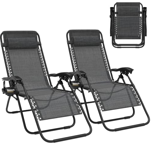 Huracan Liegestuhl 2er Set, sonnenliege klappbar mit Stufenlos verstellbare & Kopfstütze & Getränkhalter, Gartenliege Schwimmbad Relaxliege aus rostfrei Stahlrahmen & atmungsaktiv Stoff, Anthrazit