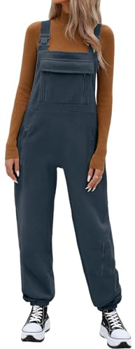 PASUDA Womens Overalls Casual Loose Fleece Dungarees Winter Warm Baggy Adjustable Straps Jumpsuits Playsuit Sleeveless Bib Pants with Pockets (Navy Blue, L)