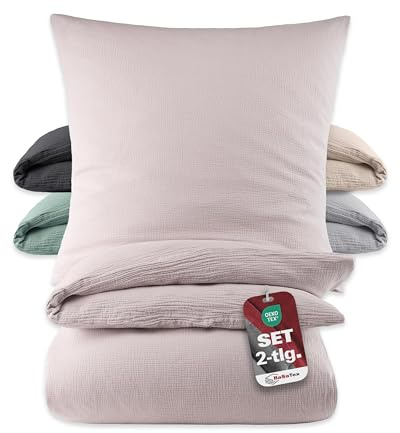 BaSaTex Musselin Bettwäsche Set, 2-TLG., 135x200 + 80x80, Zartrosa | 100% Musselin Baumwolle, besonders weich, atmungsaktiv, Atmungsaktiv, Temperaturausgleichend