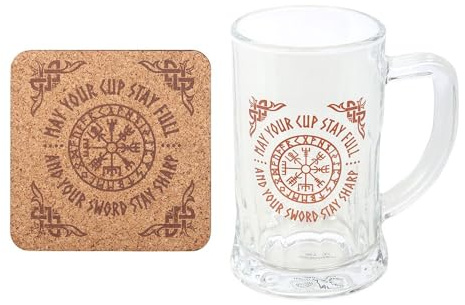 something different Glass Beer Tankard, 500ml, Clear, Vegvisir Compass Design, Viking Theme, Drinking, Gift, with Cork Coaster