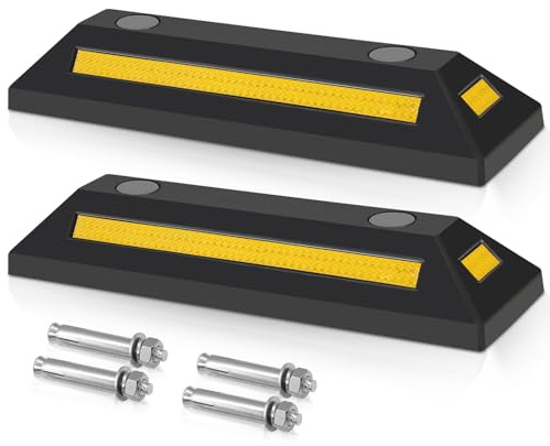 Jaxguom Gummi-Radstopper 2er Set, 54 x 15 x 10 cm, mit Reflektorstreifen | Parkhilfe für Garage, Stellplatz und Parkhaus, mit Schrauben zur Montage und gelben Reflexstreifen für bessere Sichtbarkeit