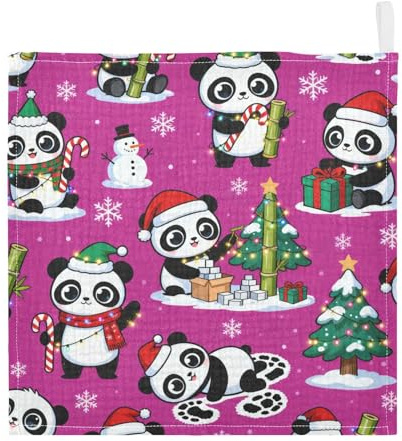 GuoChe Confezione da 5 panni in mussola con panda natalizi con elementi festivi, unisex, 100% cotone, per bambini e ragazze