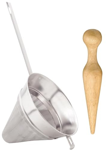 HIC Kitchen Chinois Sieve And Wooden Pestle, 18/8 Stainless Steel, Hardwood, 2-Piece Set, For Making Sauces, Purees, Canning, And Straining Soups