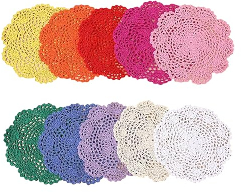 FSSTUD 10 Stück 20,3 cm kleine, runde Häkeldeckchen, Blume, gehäkelte Getränkeuntersetzer, gestrickte Tassenuntersetzer, handgefertigte Vasendeckchen, gestrickte Spitze, Tischsets, bunte
