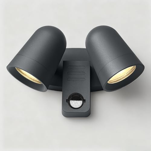 JNR Außenlampe mit Bewegungsmelder, LED Strahler 330°Schwenkbar Anthrazit | Einstellbarer PIR Bewegungsmelder Dämmerungssensor, IP54 Wasserdichte 230V Aluminium Aussenlampe, 2*5W GU10 3000K Glühbirne