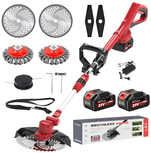 Akku Rasentrimmer mit Akku 2 * 4,0Ah und Ladegerät und Unkrautbürste, Rasentrimmer für Makita Akkus, 4-in-1 Akku Freischneider-Rasenkantenschneider für Garten Trimming, 180° Faltbar, 90° Trimmwinkel