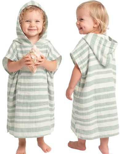 Konssy Muslin Hooded Bath Towels for Kids, 100% Cotton, Soft Quick-Dry Bath/Beach/Pool Towel Poncho with Front Pocket for Toddlers, Lightweight & Absorbent (1-3 Years)