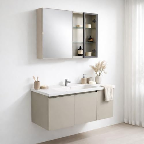 REDÒKASA Mobile Bagno Sospeso 100 cm NINFEA in alluminio, con 3 ante, specchio contenitore a 2 ante, lavabo in ceramica (Beige)
