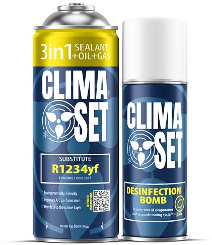 ClimaSet – 3-i-1 R-1234yf köldmedium, olja, tätningsmedel & luftkonditioneringsrengöringsmedel för bilar – Luftkonditionering Självpåfyllningsset – Påfyllningsset, Bilklimat Påfyllning – 170 g