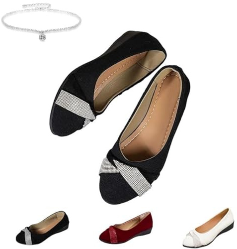 Scarpe da donna leggere alla moda con zeppa con strass, punta rotonda, tacco basso, glitterate, comode, ortopediche, ballerine senza lacci, casual, da lavoro, Nero , 37.5 EU