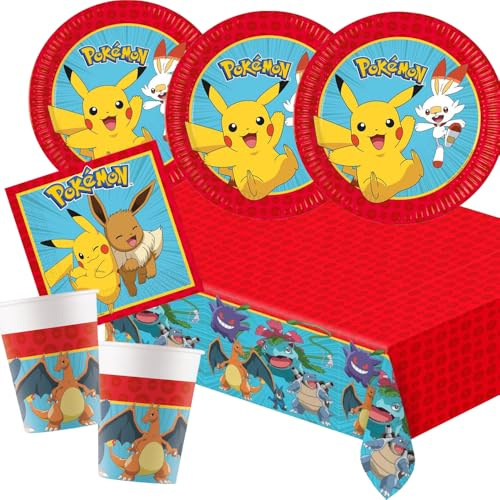 Party-Set - Pokemon - 37-teilig, Pappteller, Pappbecher, Servietten und Tischdecke für Kindergeburtstag