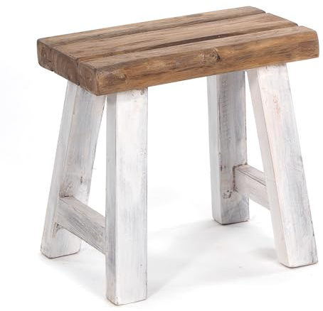 DESIGN DELIGHTS Vintage SITZHOCKER Rustic | 41x42x24 cm (HxBxT), Teakholz | Holzhocker, Teakhocker, Pflanzenhocker | Farbe: 05 weiß-Natur