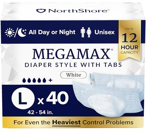 NorthShore MegaMax HBL Adult Diapers with Tabs, White, Large, 40 Count