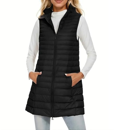 ELFJOY Women's Mid Long Down Vest Lightweight Puffer Vest Coat Jacket Stylish Windbreaker Black X-Large