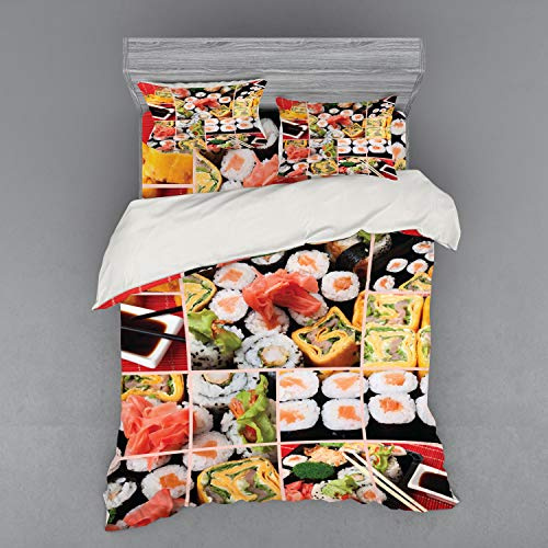 Ambesonne Japanese Bedding Set, Cuisine Sushi Fish Raw Meat Rolls South East Fast Food Ceremony Artwork, 4 Piece Duvet Cover Set with Shams and Fitted Sheet, Queen Size, Multicolor