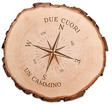 Casa Vivente Fetta di Tronco d'Albero in Puro Legno con Corteccia, Incisione per Coppie, Due Cuori Un Cammino, Motivo Bussola, Accessori Decorativi Casa