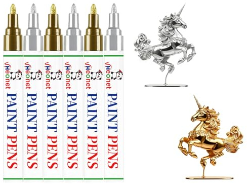 VHEONET Metallic Gold Silver Oil Based Paint Pens 6 Pack, Medium Tip, Waterproof Permanent Markers for Metal, Wood,Tire, Rubber, Plastic, Fabric, Outdoor & DIY Marking