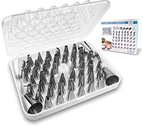 FIVETASCake Decorating kit for Beginners-52 Numbered Icing Tips with Pattern Chart,2 Flower Nails and 1 Coupler.Piping Tips Set with storage box.