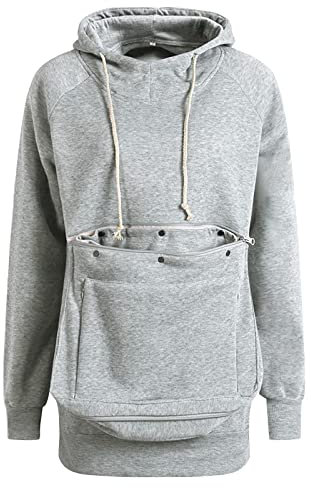 Moginp Damen Pullover Kapuzenpullover mit Katzen Hund Tasche Hundetasche Katze Sweatshirt Pulli Hoodie Kapuze Katzenpulli Beutel Langarm Herbst Winter Große Größen Mit Velve (Grau-03,XXL)