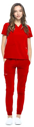 Dagacci Medical Uniform® Jogger Scrubs for Women Set – V-Neck Scrub Top & Elastic Jogger Scrub Pants for Women 8 Pockets Red 2XS