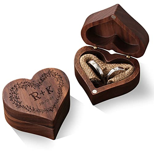 Personalised Wooden Engagement Proposal Ring Boxes Holders for Wedding Anniversary, Heart Ring Box Custom Name
