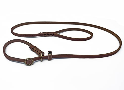 Fettleder Moxonleine Retrieverleine aus Leder braun mit Zugstop, Messing (150cm x 15mm)
