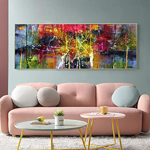 Moderne Kunst, Malerei auf Leinwand, Heimdekoration, Leinwand, Kunstposter und Druck, buntes abstraktes Bild für Wohnzimmer, 75 x 160 cm/30 x 63 Zoll, mit Rahmen