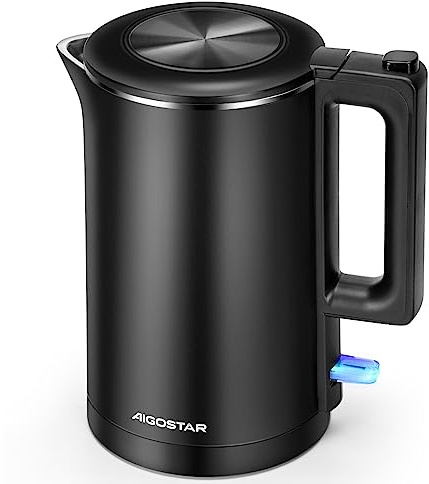 Aigostar Luster - Hervidor de agua de toque frío, 2200W, 1,7L de capacidad. Hervidor eléctrico de doble pared con protección contra la ebullición en seco y apagado automático. Libre de BPA. Negro