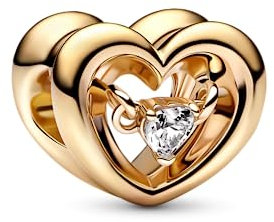 PANDORA Strahlendes Herz & Schwebender Stein Charm aus Sterlingsilber mit Zirkonia in der Farbe Gold, Kompatibel mit PANDORA Moments Armbänder, 762493C01