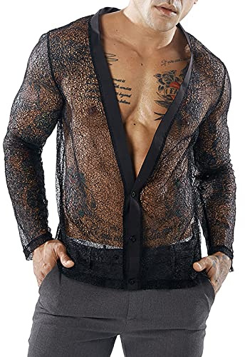 AIEOE Camiseta de malla para hombre, camisa transparente de manga larga, fina y transpirable