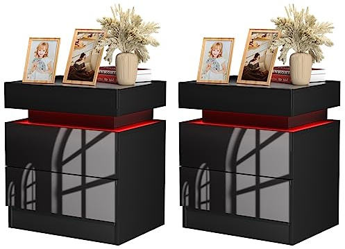 PIPIPOXER 2er Set Nachttisch mit LED, Nachttisch Schwarz mit großen Stauraum,Nachttische mit 2 Schubladen und Hochglanz Kommode für Wohnzimmer, Schlafzimmer, 45x35x52cm